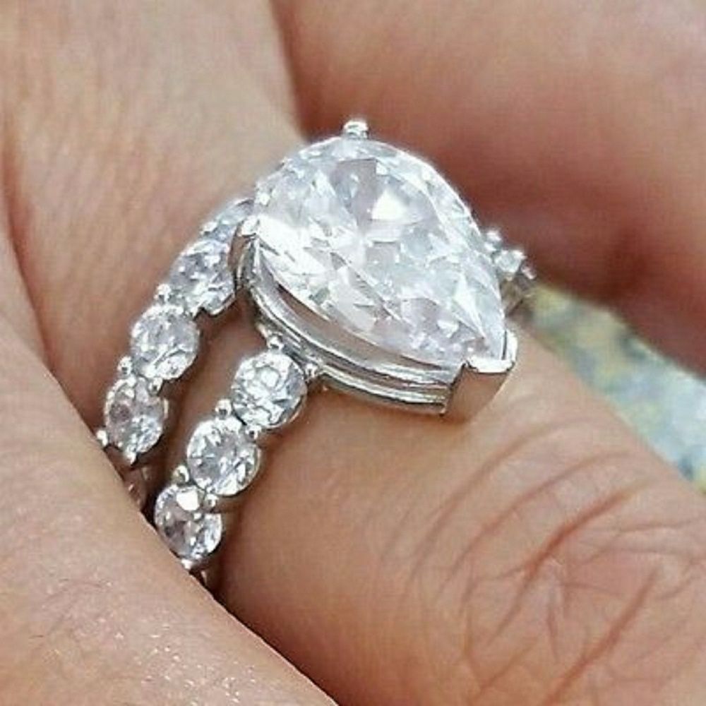 Custom Made 14k Solid White Gold Engagement RingWedding Band 2pc Set